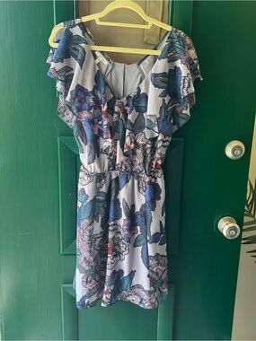 Maurices Light Gray Floral Ruffle Mini Dress with Blue and Purple Accents